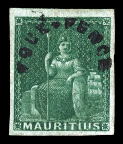 S.G. 26, 1858 FOUR-PENCE arched surcharge on green on bluish, four large margins, deep color and a highly detailed impression, BPA cert. notes natural surface defect at foot
which in nothing more than a faint inclusion in the bottom margin,