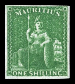 S.G. 35, 1861 1- Yellow green, brilliantly rich color, four ample to large margins, full original gum, very fine 2001 Brandon certificate (Scott 21 $675.00).