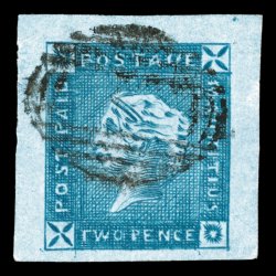 S.G. 36, 1859 2p Deep blue, Lapirot printing, early impression, three enormous margins, the fourth at bottom also quite lavish, deeply rich color and a sharp impression on
fresh paper, lightly cancelled, tiny trivial crease completely within the