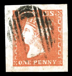 S.G. 42, 1859 1p Dull vermilion, Dardenne printing, exceedingly large and balanced margins all around, bright color and a clean impression, minute corner crease at top right,
still extremely fine clear 2004 Brandon certificate (Scott 16 $1,20