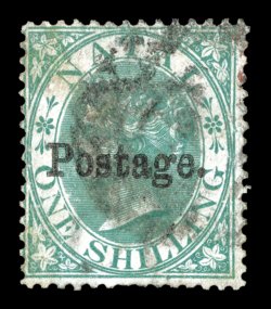 S.G. 43, 1869 Postage. overprint Ty. 7c on 1- Green, strong color, small faults, fine appearance a collectable copy of this rare stamp, which is virtually unavailable in mint
condition (Scott 25 $2,300.00).