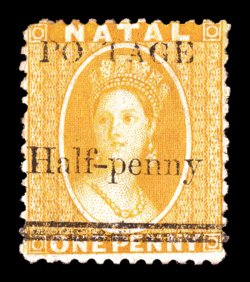 S.G. 91e, 1877 ½p on 1p Yellow, S of POSTAGE omitted, bright color, o.g., h.r., fine an elusive error (Scott 61d $325.00).