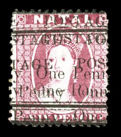 S.G. 93d, 1879 POSTAGEOne-penny surcharge on 6p Rose, surcharged four times, a mint example of this striking surcharge error, lovely rich color, o.g., minor h.r., fine (Scott
63e $475.00).