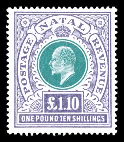 S.G. 143, 1902 £1.10 Green and violet, exceptionally fresh, with bright colors, well centered, o.g., lightly hinged, very fine (Scott 97 $500.00).