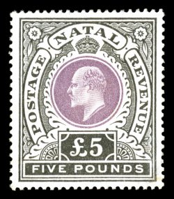 S.G. 144, 1902 £5 Mauve and black, a marvelous mint example of this scarce stamp, being not only extraordinarily well centered, but also possessing an uncommon overall
freshness and brilliance, clean o.g, lightly hinged, extremely fine a gorgeo