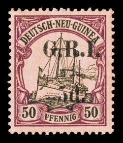 S.G. 10, 1914 5d on 50pf black and purple on buff, well centered, deep rich colors, large part o.g., very fine (Scott 10 $600.00).