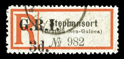 S.G. 40, 1915 3p Stephansort registration label, light circular handstamp cancel, bright and fresh, trivial corner crease at bottom right, otherwise very fine a very rare
stamp that exists only used, probably no more than 20 are known clea
