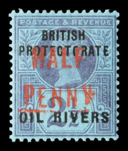 S.G. 19, 1893 ½p on 2½p Purple on blue, Ty. 6 surcharge in vermilion, wonderfully fresh mint single with clear bright colors, well centered, o.g., very lightly hinged, very
fine 1991 BPA certificate ex-Allen (Scott 21 $350.00).
