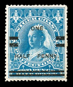 S.G. 65, 1894 One Half Penny surcharge on 2½p Blue Victoria, well centered, strong rich color, part o.g., very fine ex-Gilbert (Scott 54 $425.00).