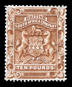 S.G. 13, 1892 £10 Brown, unused, nicely centered, rich color and a crisp impression, regummed, very fine a rare high value 1978 APS certificate as original gum (Scott 19
$3,000.00).