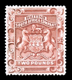 S.G. 74, 1897 £2 Rosy red, perforated 15, a marvelously fresh and choice example of this scarce stamp, extraordinarily well centered, strong rich color on bright paper, o.g.,
lightly hinged, very fine 1993 Brandon certificate (Scott 58 $1,775