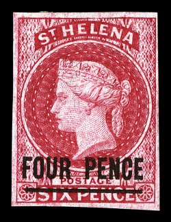 S.G. 5, 1863 FOUR PENCE surcharge on 6p Carmine, imperforate, lovely mint single, with four large margins, radiant color and a strong impression, o.g., very fine and choice
ex-Dale-Lichtenstein (Scott 10 $600.00).