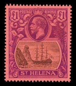 S.G. 96, 1922 £1 Grey and purple on red, precisely centered, gorgeous deep colors and vivid impressions, o.g., lightly hinged, extremely fine (Scott 99
$475.00).