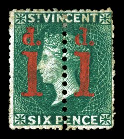 S.G. 28a, 1880 1d surcharge on half of 6p Blue green, unsevered pair, deep luxuriant color, attractively centered, part o.g., nearly very fine for this rare unsevered pair
ex-Jaffe (Scott 30a $1,350.00).