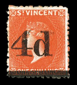 S.G. 35, 1881 4d surcharge on 1- Bright vermilion, lovely rich color, large part o.g., a fine example of this scarce stamp 1965 BPA certificate ex-Jaffe (Scott 33
$1,950.00).