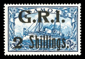 S.G. 112, 1914 2 Shillings. surcharge on 2M Blue, a highly desirable mint example of this rarity, being wonderfully well centered within large margins, sumptuously rich color,
o.g., lightly hinged, very fine and choice only 126 were printed<