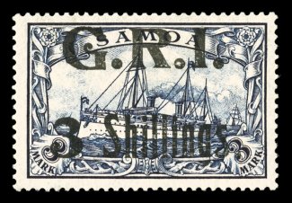 S.G. 113, 1914 3 Shillings. on 3M Violet black, exceptionally well centered and margined, strong fresh color, o.g., mild h.r., choice very fine a very scarce stamp as only 458
were surcharged 2004 PF certificate (Scott 112 $1,200.00).