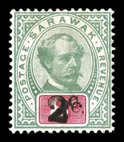 S.G. 24a, 1889 2c. surcharge on 8c Green and carmine, double surcharge, well centered and fresh, o.g., very fine and quite elusive 1947 RPS certificate (Scott 22a
$525.00).