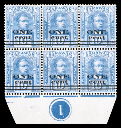 S.G. 72a, 1923 1c on 10c Dull blue, cnet for cent, the error being the top middle stamp in a showpiece bottom margin plate no. 1 block of six, fresh color, o.g., lightly
hinged, some trivial toning visible mainly on the reverse, otherwise ve