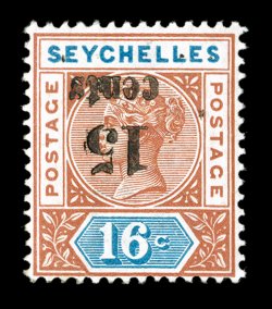 S.G. 18a, 1893 15 cents surcharge on 16c Chestnut and blue, inverted surcharge, rich colors, nicely centered, fresh clean o.g., lightly hinged, very fine 1972 RPS certificate
(Scott 24b $400.00).