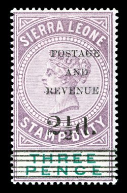S.G. 58, 1897 2½d. surcharge Ty. 12 on 3p Dull purple and green, strong rich color on bright paper, o.g., faintly hinged, fine (Scott 51 $400.00).