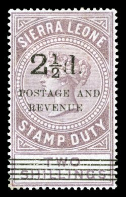 S.G. 67, 1897 2½d. surcharge Ty. 8 on 2- Dull lilac, an uncommonly choice mint example of this scarce stamp, possessing strong non-faded color, well centered, o.g., small
h.r., very fine signed Champion and accompanied by a 1996 Holcombe cer