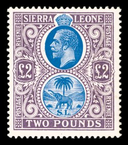 S.G. 129, 1912 £2 Blue and dull purple, well centered, strong colors, o.g. (slightly browned as usual), lightly hinged, very fine (Scott 120 $575.00).