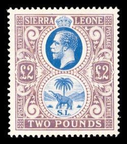 S.G. 147, 1923 £2 Blue and dull purple, uncharacteristically well centered, rich bright colors, fresh clean o.g., lightly hinged, extremely fine an especially desirable stamp
(Scott 138 $550.00).