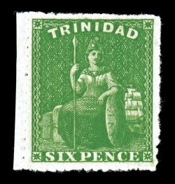S.G. 42, 1859 6p Yellow green, pin-perf. 13½ - 14, a remarkably choice mint single, featuring full perforations all around which are most unusual, well centered, intense
vibrant color, full o.g., relatively lightly hinged, extremely fine 1994 B