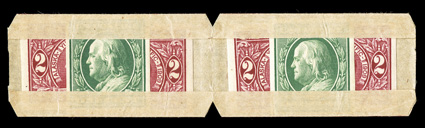 343, 371, 1c Green imperforate and 2c Alaska-Yukon imperforate, single of former and two of latter, enclosed within an unsevered pair of  U.S. Automatic Vending Co. pocket Ty.
4-3, with no printing on front and red serial nos. 65 and 66