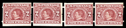 371, 2c Alaska-Yukon imperforate, Attleboro perforations, a truly amazing  paste-up strip of four, being in a state of preservation which belies not only its age but
especially its fragile nature, post office fresh, with strong and intact pe