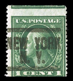 481, 1c Green imperforate, Boy Scouts of America Executive Council private perforation 14, single with New YorkN.Y. precancellation as always, centered to base (apparently all
are quite off center), luxuriant deep color, diagonal crease and t