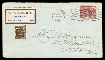 371, 2c Alaska-Yukon imperforate, Chicago roulettes, well centered single tied by St. Louis, Mo.May 24, 1910 wavy line machine cancel to cover to Detroit, W.A. Sisson corner
card sticker and Mailometer testing coil with Ty. I perforations mis