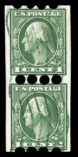 408, 1c Green imperforate, A.W Dunning private perforation, rare used pair, well centered and margined for this, wavy line machine cancel, very fine.