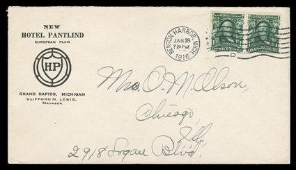 314, 1c Blue green imperforate, A.W. Filstrup private perforations, well centered horizontal pair with intense color, vertical Filstrup perforations produced by Rosback, tied
by Benton Harbor, Mich.Jan 28, 1916 wavy line machine cancel to cov