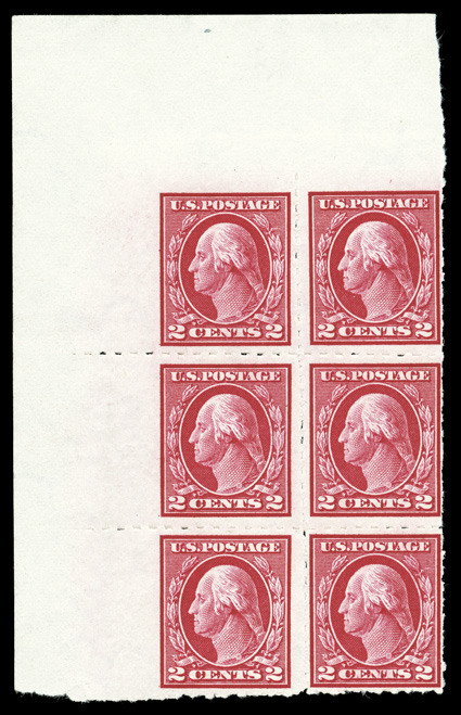 408-09, 1c Green and 2c Carmine, Ty. I, imperforates, Kansas City roulettes, former a right margin block of four with plate no. 6041, latter a top left corner margin block of
six (3x2), well centered, o.g., 1c h.r.s, 2c l.h. on two stamps only,