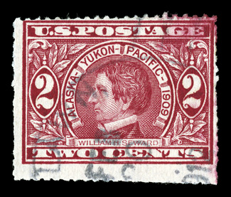 371, 2c Alaska-Yukon imperforate, C.H. Mekeel private perforation, used single with Pinelawn, Mo.Feb 20, 1912 datestamp, which was Mekeels home town, a bit discolored at top
right, otherwise fine and rare, as surprisingly few examples have s
