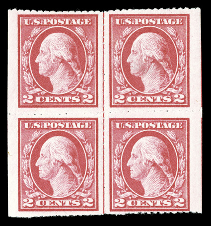 482, 2c Carmine imperforate, Ty. I, Wilson roulette, block of four with vertical guide line at center, o.g., l.h., bottom pair n.h., fine-very fine and
scarce.