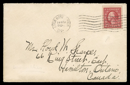 482, 2c Carmine imperforate, Ty. I, Wilson roulettes, single with huge margins all around, tied by Eaton Rapids, Mich.Jan 20, 1926 wavy line machine cancel to cover  to
Hamilton, Canada, extremely fine and exceedingly rare it is known th