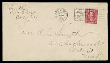 482, 2c Carmine imperforate, Ty. I, Wilson roulettes, well centered single tied by Grand Cent. Sta. N.Y.Oct 30, 1926 slogan machine cancel to cover to Detroit, very fine and
extremely rare stated by William Weiss to be  one of only three 