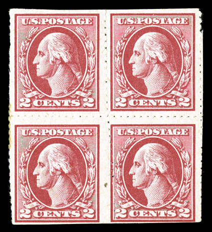 532, 2c Carmine imperforate, Ty. IV, Wilson roulette, scarce block of four, o.g., l.h., trivial natural inclusion, fine-very fine each stamp signed Herman Hearst
Jr.
