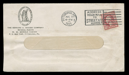 532, 2c Carmine imperforate, Ty. IV, Wilson roulettes, fine single tied by Pittsburgh, Pa.Aug 2, 1923 slogan machine cancel to window envelope bearing the corner card of The
Edward A. Woods Company, an insurance company that apparently purcha