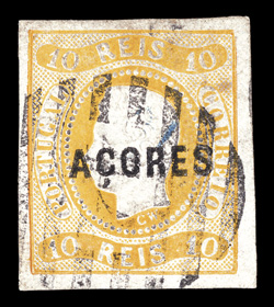 2, 1868 10r Yellow, four large margins, eight-bar cancel, small stain on back at top right just barely shows through, small faint crease, otherwise a very fine example of one
of the rarest stamps in all the Portuguese Colonies clear 1952 Dartey