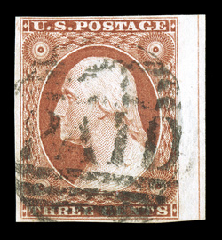 10A, 3c Orange brown, Ty. II, right sheet-margin single with straddle margin guide line, other margins quite large, strong color and impression, centrally struck Boston Paid
cancel, extremely fine 2007 PF certificate.
