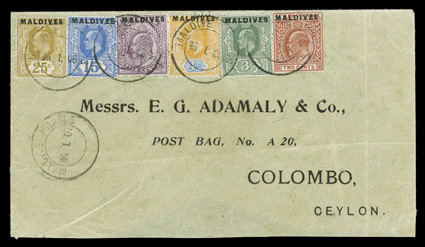 1-6, 1906 2c-25c Edward VII overprinted Maldives, cplt., all tied to pre-printed address cover to Colombo, Ceylon by four strikes of Maldive Islands6.1.06 datestamps, which is
actually over nine months before the stamps were issued on the 9