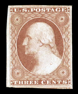 11, 3c Dull red, four full to very large margins, bright color, o.g., extremely fine 2007 PSE certificate (XF 90 OGh SMQ $690.00).