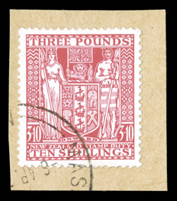 AR92, 1948 £3,10- Rose, tied to small piece by neat c.d.s. confined to the lower left corner, near perfect centering, vivid rich color, extremely fine and choice one of the
most difficult of all postal fiscals to fine used (S.G. F209 £1400).
