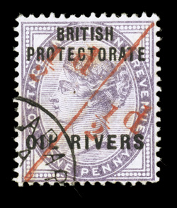 7c, 1893 ½d surcharge on half of 1d Lilac, unsevered pair, used with partial Old Calabar c.d.s. confined to the bottom left corner, fresh color, nearly very fine (S.G. 7a
£450).