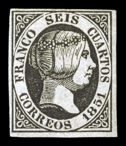 6, 1851 6c Black, thin paper, incredibly fresh mint single, four ample to large margins, rich color on crisp clean paper, full o.g., light h.r., very fine (Edifil 6
Ç325).