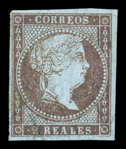 39, 1855 2r Reddish violet, blue paper, mostly large margins to well clear at left, rich color on fresh paper, large part o.g., fine (Edifil 42 Ç975).